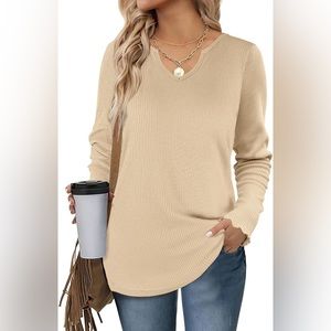Long Sleeve Ribbed Knit Top Fashion Casual Lightweight V Neck Pullover